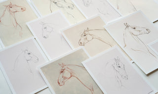 Photo of a collection of drawings of horses by equine artist Danielle Demers