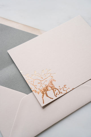 "Amongst the Oaks" Foil Stamped Correspondence Cards in Muted Sage and Cream