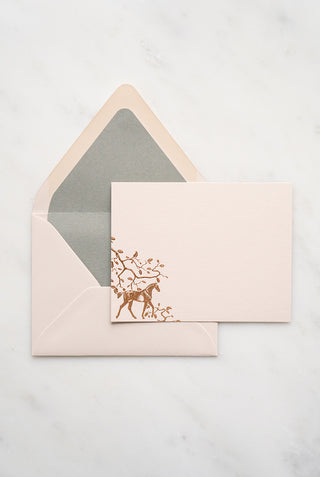 "Amongst the Oaks" Foil Stamped Correspondence Cards in Muted Sage and Cream