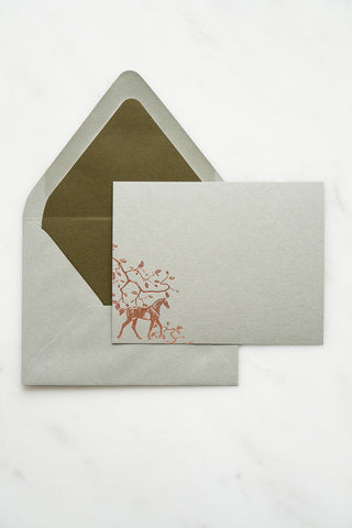 "Amongst the Oaks" Foil Stamped Correspondence Cards in Muted Sage and Cream