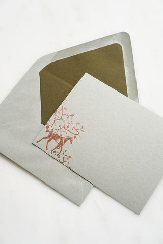 "Amongst the Oaks" Foil Stamped Correspondence Cards in Muted Sage and Cream