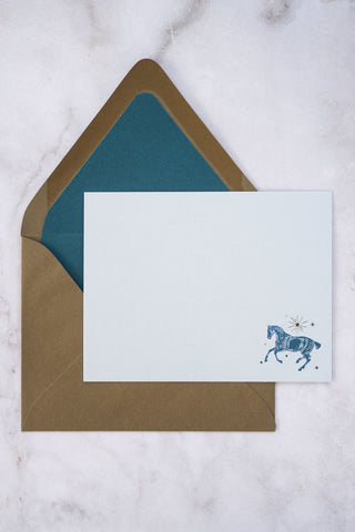 Celestial Horse Cantering Foil Stamped Correspondence Cards in Light Sky Blue, Teal & Bronze