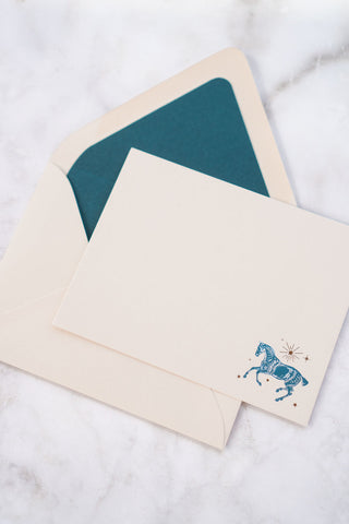 Celestial Horse Cantering Foil Stamped Correspondence Cards in Cream, Teal & Bronze