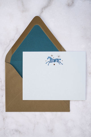 Celestial Horse Leaping Foil Stamped Correspondence Cards in Light Sky Blue, Teal & Bronze
