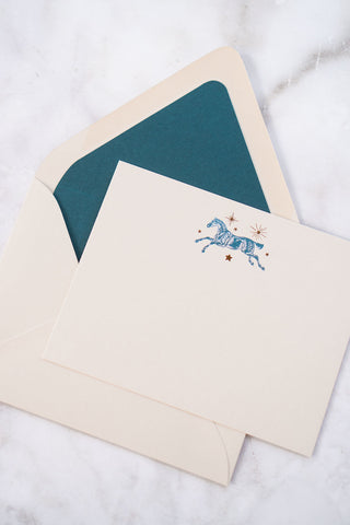 Celestial Horse Leaping Foil Stamped Correspondence Cards in Cream, Teal & Bronze