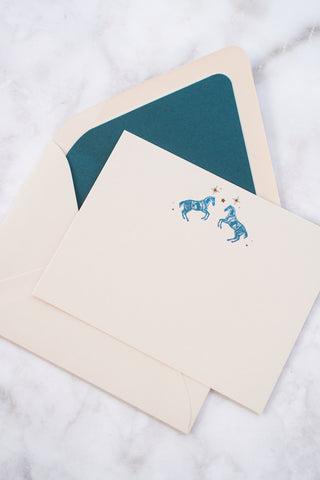 Celestial Horses Rearing Foil Stamped Correspondence Cards in Cream, Teal & Bronze