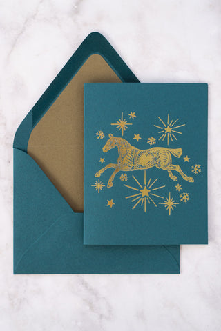 "Silent Night" Horse, Stars & Snowflakes Foil Stamped Greeting Cards in Teal and Gold