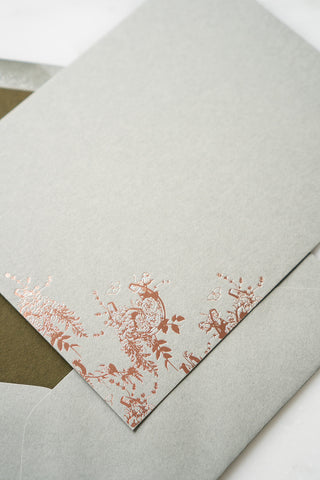 "Flowers & Horseshoes" Foil Stamped Correspondence Cards in Muted Sage and Cream