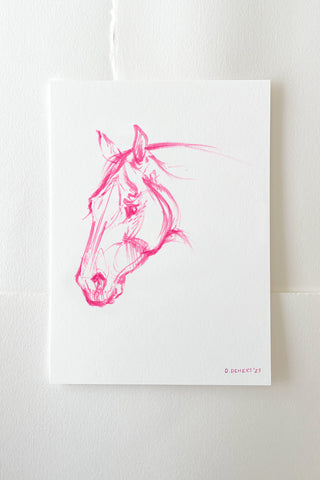 Photo of a print of a pink horse sketch by equine artist Danielle Demers