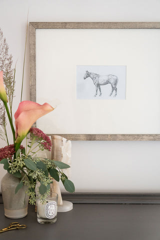 Photo of a framed original graphite drawing of a horse entitled The Ranch Horse by equine artist Danielle Demers