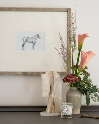 Photo of a framed original graphite drawing of a horse entitled The Bay Hunter by equine artist Danielle Demers