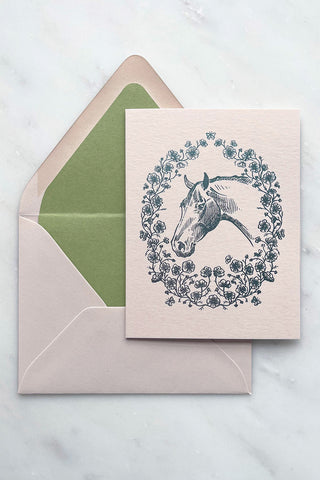 Silver Blue metallic foil stamped note card, featuring a drawing of a horse in a wreath of cosmos flowers, bees and butterflies, on cream 111lb card stock by equine artist Danielle Demers.