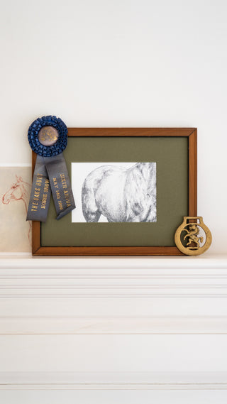 Photo of a framed print of a graphite drawing of a horse by equine artist Danielle Demers