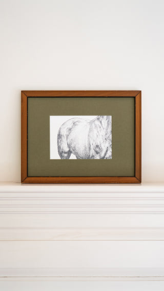 Photo of a framed print of a graphite drawing of a horse by equine artist Danielle Demers