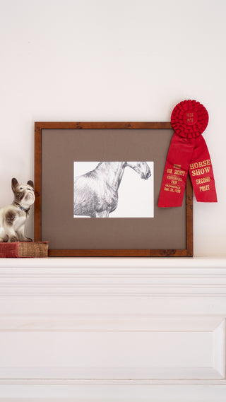 Photo of a framed print of a graphite drawing of a horse by equine artist Danielle Demers