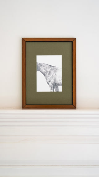 Photo of a framed print of a graphite drawing of a horse by equine artist Danielle Demers