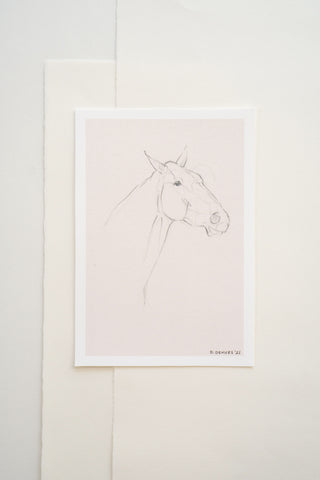 Photo of a delicate graphite line drawing of a horse by equine artist Danielle Demers