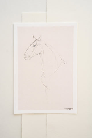 Photo of a delicate graphite line drawing of a horse by equine artist Danielle Demers