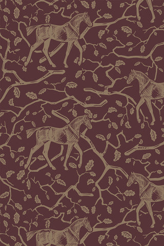 Swatch of Amongst the Oaks wallpaper in the colorway "Bordeaux." Designed by equine artist Danielle Demers.