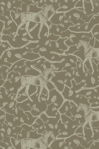 Swatch of Amongst the Oaks wallpaper in the colorway "Green Clay." Designed by equine artist Danielle Demers.