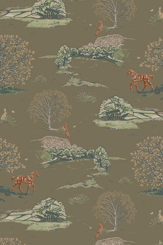 Swatch of Countryside Toile wallpaper in the colorway "Moss Brown." Designed by equine artist Danielle Demers.