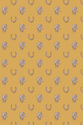 Swatch of Heirloom & Heritage wallpaper in the colorway "Gamboge Yellow." Designed by equine artist Danielle Demers.