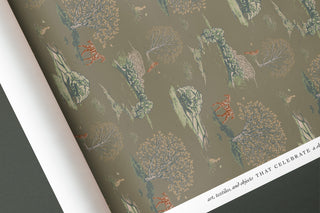 Roll of Countryside Toile wallpaper in Moss Brown. Designed by equine artist Danielle Demers.