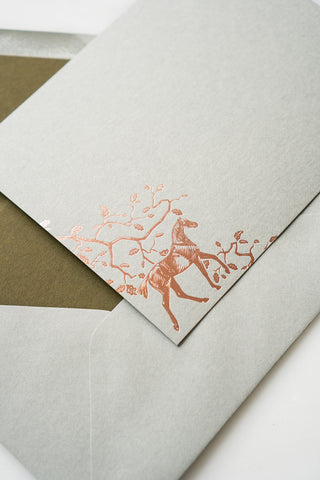 "Amongst the Oaks" Foil Stamped Correspondence Cards in Muted Sage and Cream