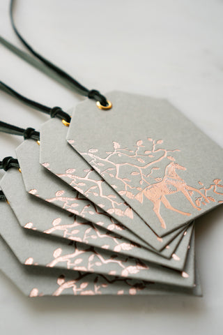 Set of 6 "Amongst the Oaks" Foil Stamped Gift Tags in Muted Sage and Rose Gold