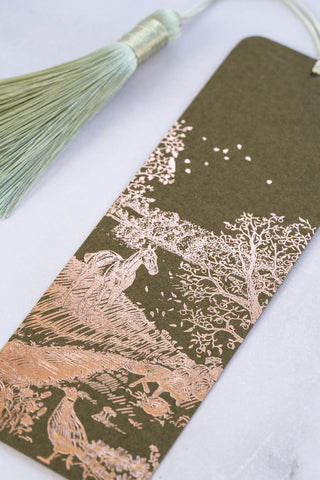 "Countryside Seasons: Autumn" Foil Stamped Bookmark with Tassel – Moss Green, Copper, Celadon