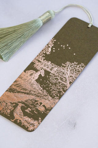 "Countryside Seasons: Autumn" Foil Stamped Bookmark with Tassel – Moss Green, Copper, Celadon