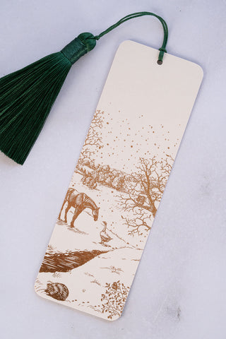 "Countryside Seasons: Winter" Foil Stamped Bookmark with Tassel – Cream, Copper, Forest Green