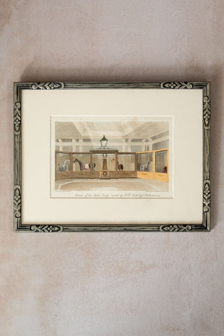 1822 Framed Antique English Colored Aquatint: "Interior of the Stables..."