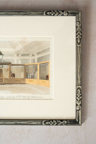 1822 Framed Antique English Colored Aquatint: "Interior of the Stables..."
