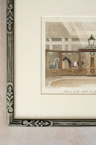 1822 Framed Antique English Colored Aquatint: "Interior of the Stables..."