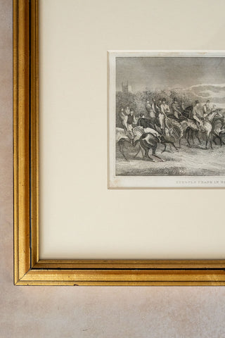 1840 Framed Antique English Engraving: "Steeplechase in Beds"