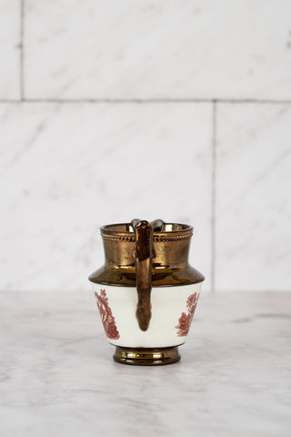 19th C. English Copper Lusterware Creamer with Red Horse, Dog, Sheep Transferware Designs