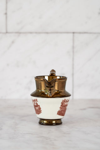 19th C. English Copper Lusterware Creamer with Red Horse, Dog, Sheep Transferware Designs
