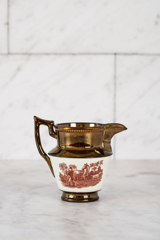 19th C. English Copper Lusterware Creamer with Red Horse, Dog, Sheep Transferware Designs