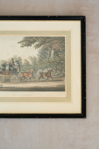 1829 Framed Antique English Engraving: "Mail Coach"