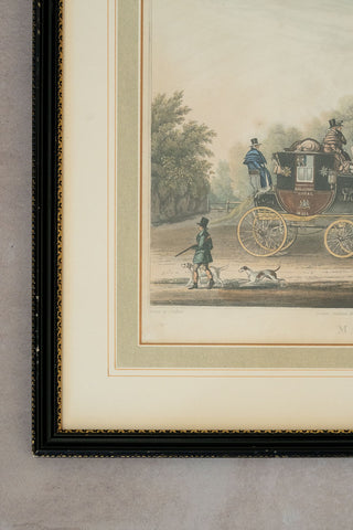 1829 Framed Antique English Engraving: "Mail Coach"