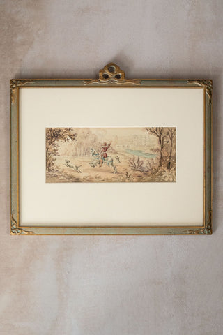 19th C. Framed French Original Watercolor Stag Hunting Scene Painting