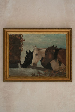 19th C. Unsigned Primitive Painting of Three Horses after John Frederick Herring Sr.'s "Three Members of the Temperance Society"