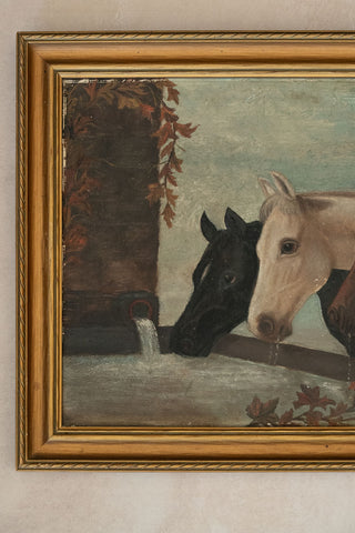 19th C. Unsigned Primitive Painting of Three Horses after John Frederick Herring Sr.'s "Three Members of the Temperance Society"