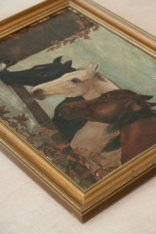 19th C. Unsigned Primitive Painting of Three Horses after John Frederick Herring Sr.'s "Three Members of the Temperance Society"