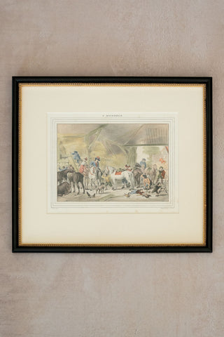 Mid 19th C. Framed Dutch Hand-Colored Lithograph after Philips Wouwerman’s “The Departure from the Stable”