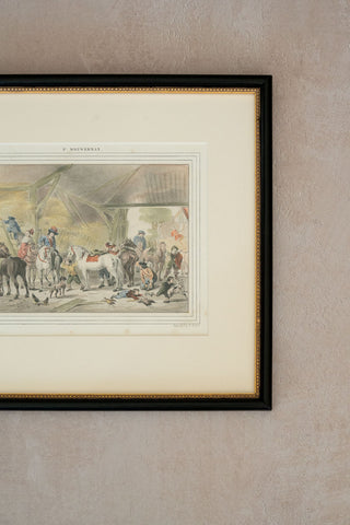 Mid 19th C. Framed Dutch Hand-Colored Lithograph after Philips Wouwerman’s “The Departure from the Stable”