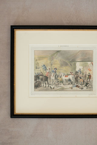 Mid 19th C. Framed Dutch Hand-Colored Lithograph after Philips Wouwerman’s “The Departure from the Stable”