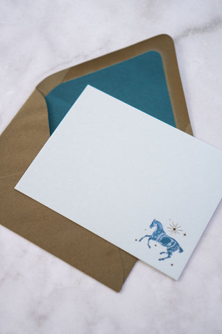 Celestial Horse Cantering Foil Stamped Correspondence Cards in Light Sky Blue, Teal & Bronze