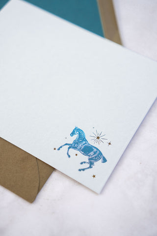 Celestial Horse Cantering Foil Stamped Correspondence Cards in Light Sky Blue, Teal & Bronze